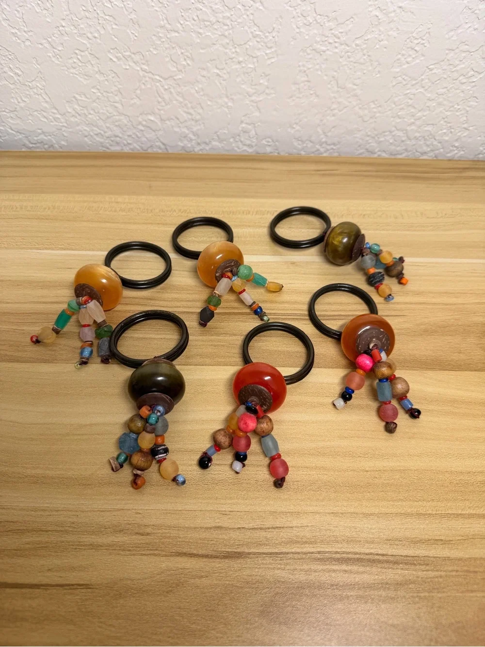 Vintage Pier 1 Beaded Wooden Glass Napkin Rings Kitchen Lot of 6 New Rare